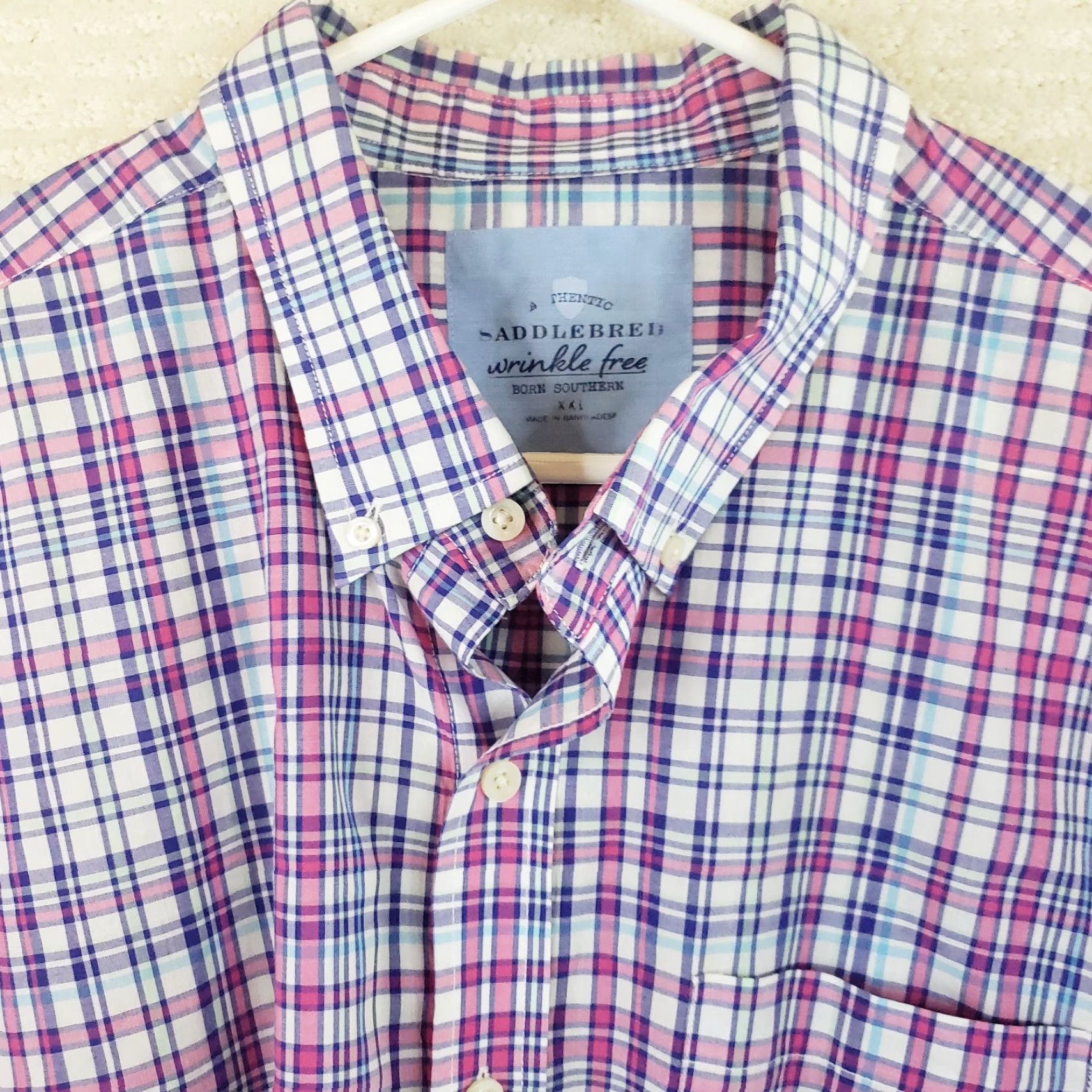 Born Saddlebred Shirt Mens XXL Pink Blue Plaid Regular Short Sleeve Button-Up Wrinkle Free Size US XL / EU 56 / 4 - 5 Thumbnail