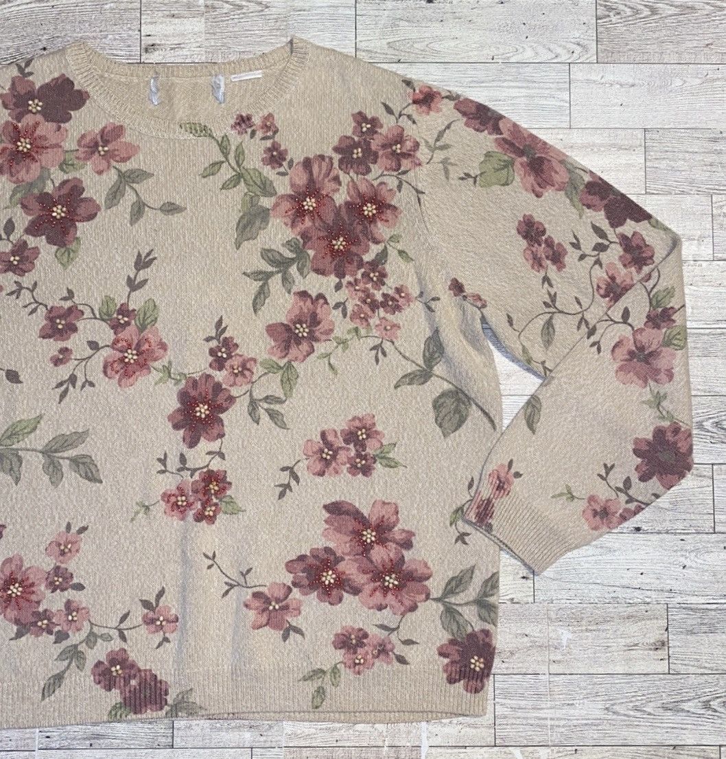 Vintage Vintage, Beige, Floral, Embellished, Pullover Sweatshirt Size S / US 4 / IT 40 - 3 Thumbnail