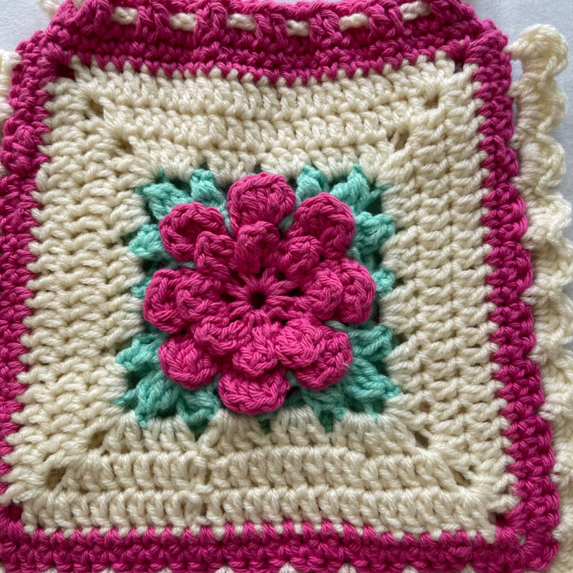 Handmade Crochet Purse Granny Square 3D Flower Pink Mint Cream 9" Dra Size ONE SIZE - 6 Thumbnail