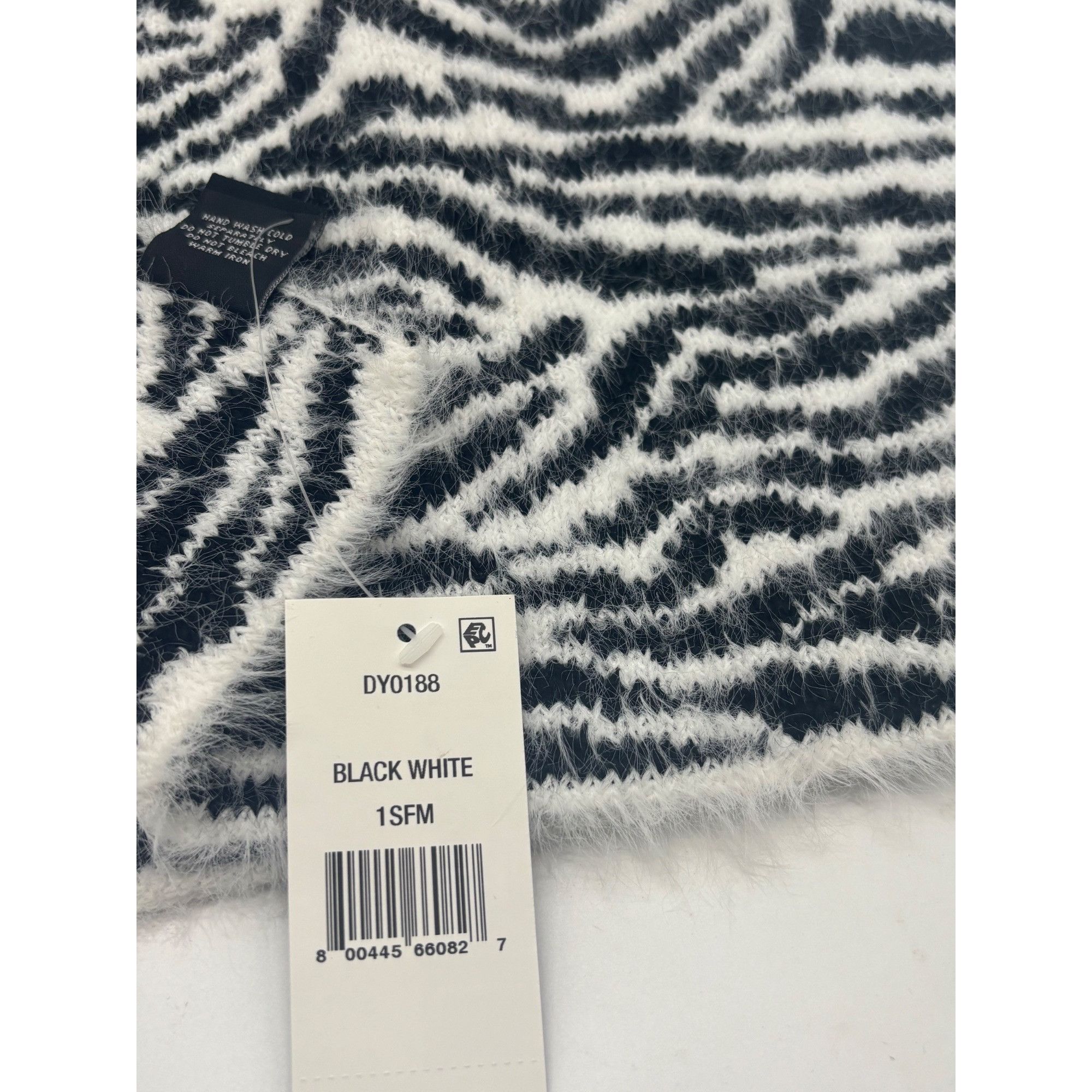 DKNY DKNY Fuzzy Animal Print Knit Scarf , Black/ White 12"x67" Size ONE SIZE - 6 Thumbnail