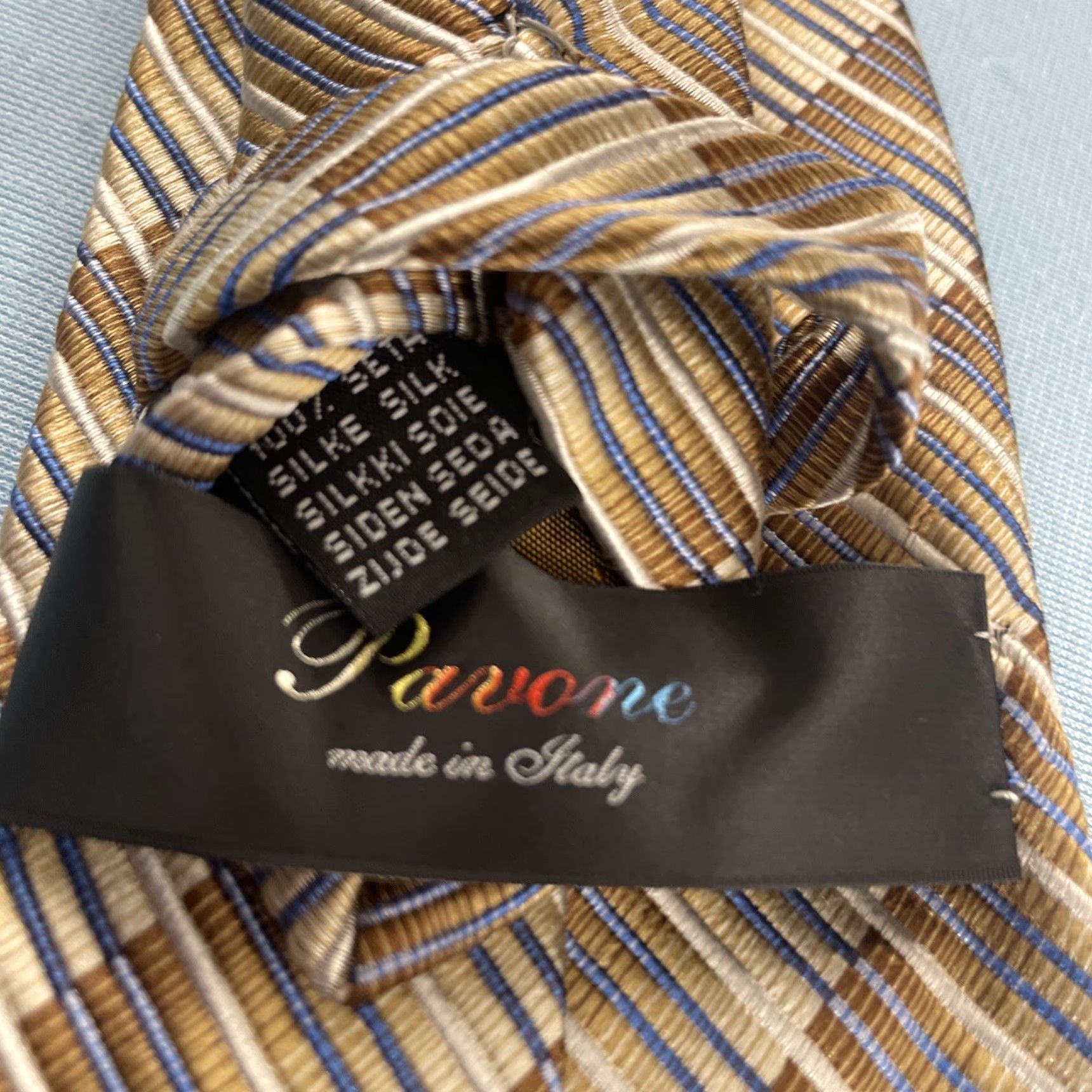Vintage Pavone Tie Geometric Ribbed Woven Silk ITALY Vintage 3.5x61" Brown Cream Blue Mens Width 3.5" 1990s Signature Statement Size ONE SIZE - 4 Thumbnail