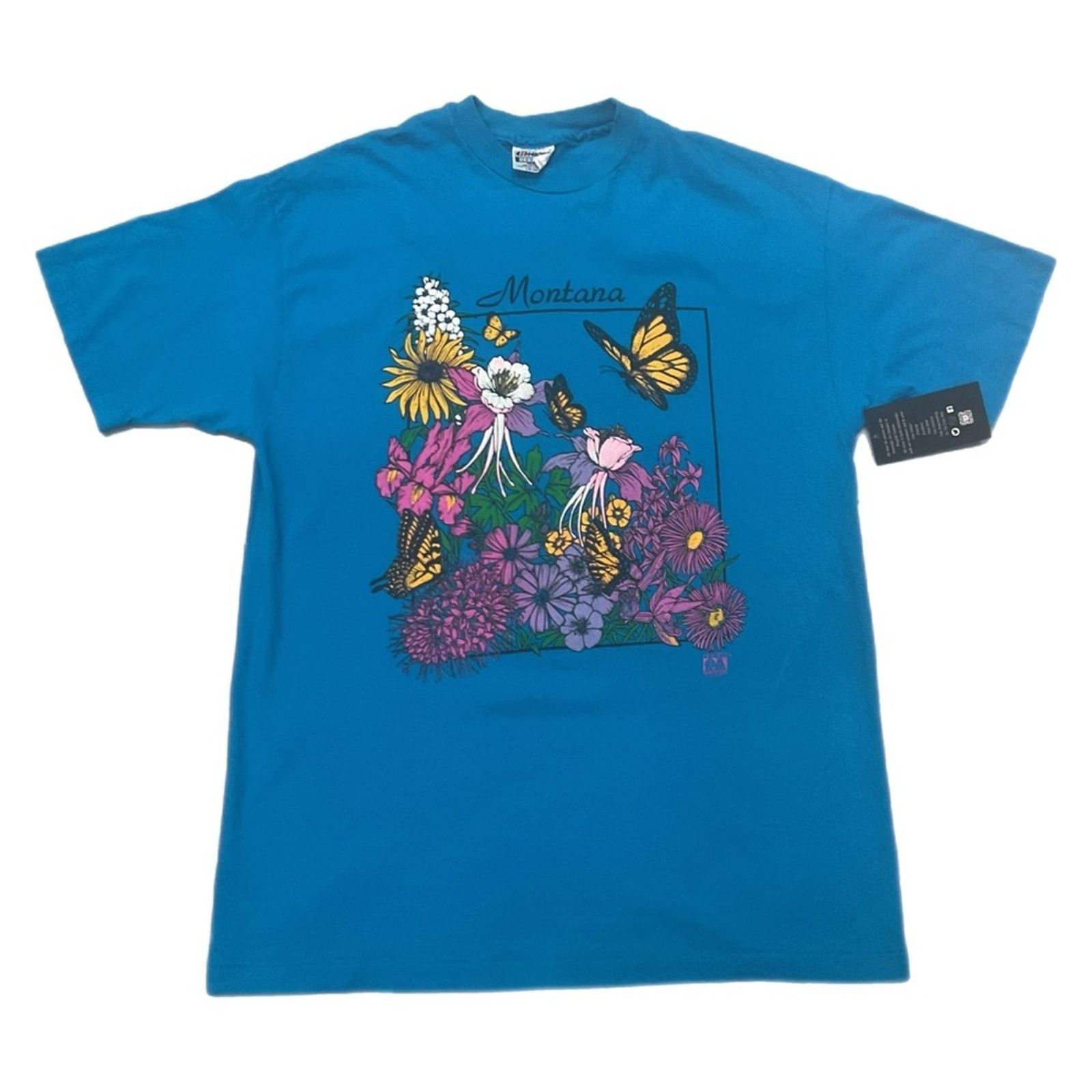 Hanes Vintage 90s Montana Flowers & Butterflies T-Shirt Size US L / EU 52-54 / 3 - 1 Thumbnail