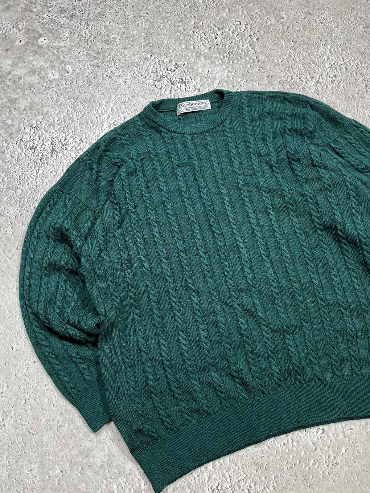 Burberry Burberrys Pure New Wool Cable Knit Sweater Green Size US L / EU 52-54 / 3 - 3 Thumbnail