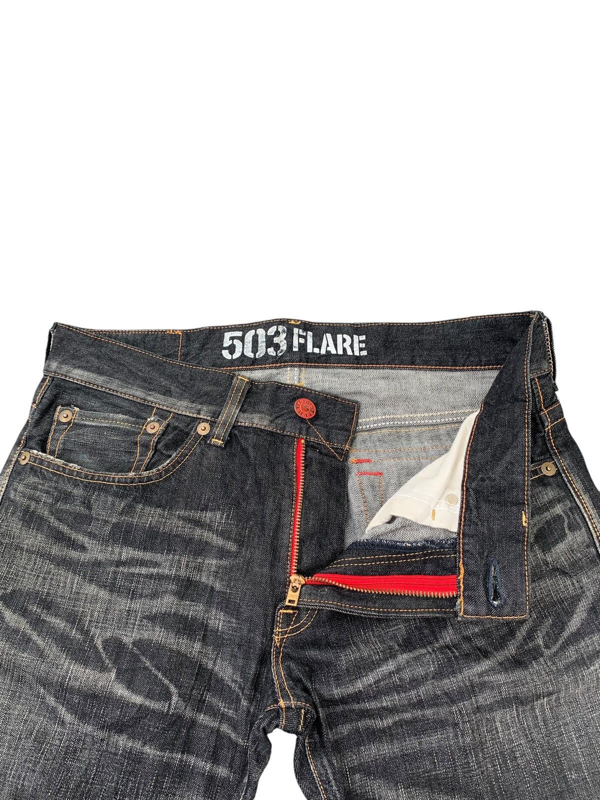 Edwin RARE💥EDWIN 503 FLARE BLUE TRIP CLAWNMARK MUDWASH DENIM Size US 35 - 13 Thumbnail