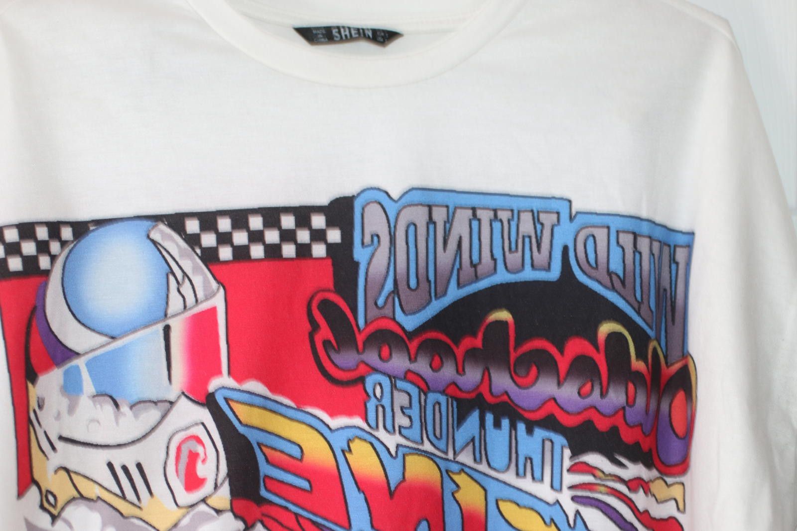 Shein Racing Graphic T-Shirt White Drift Car Print Size S SHEIN Size US S / EU 44-46 / 1 - 4 Thumbnail