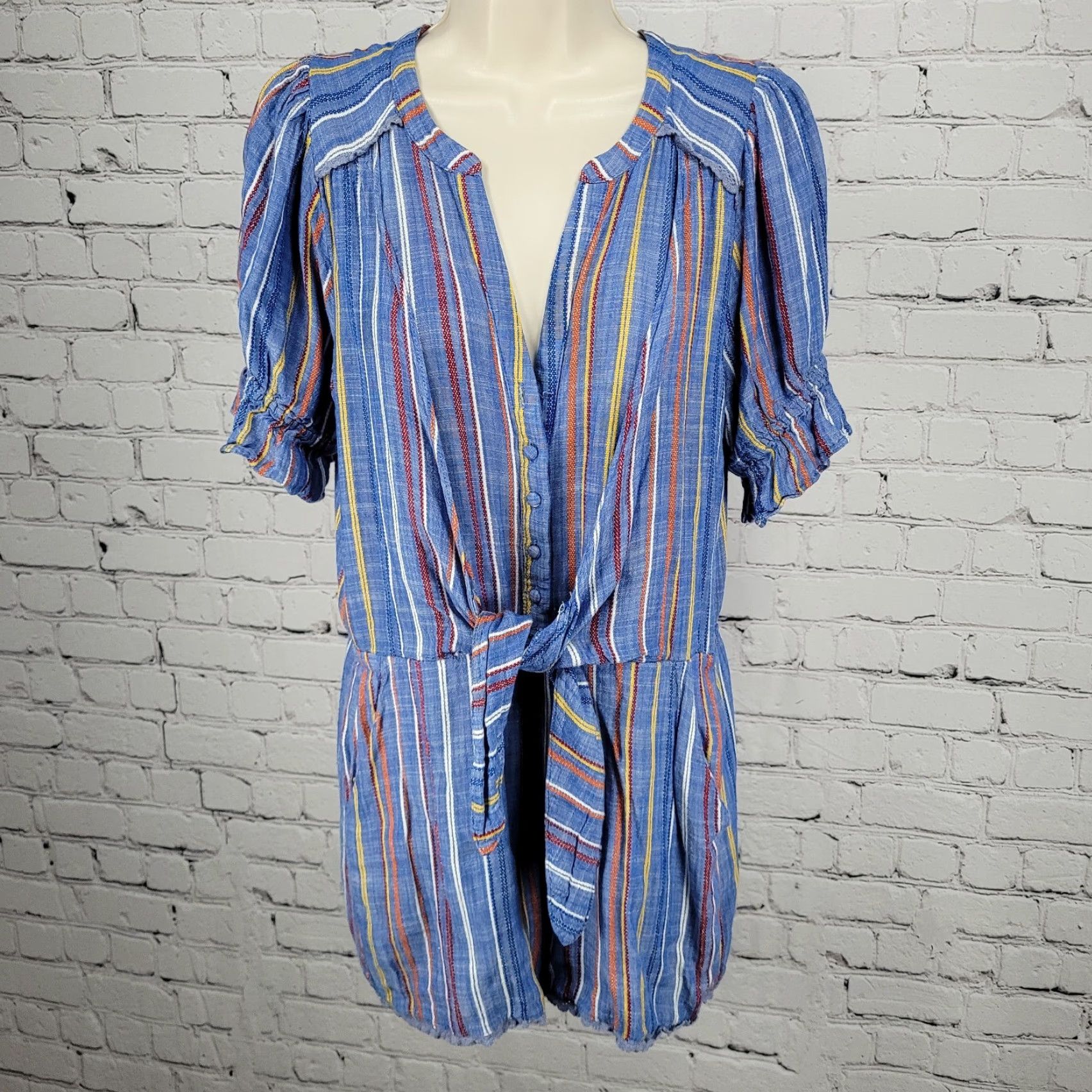 Vintage VINTAGE Adelyn Rae Striped Short Sleeve Romper M Blue Crochet Trim Front Tie Puff Sleeve V-Neck Casual Womens Size 32" / US 10 / IT 46 - 2 Thumbnail