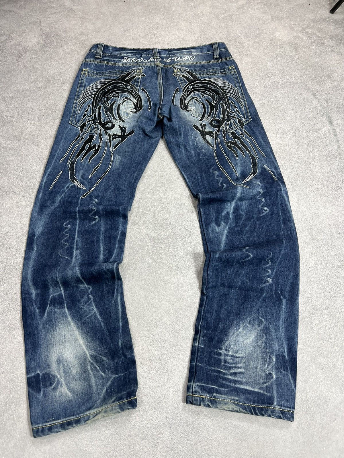 Japanese Brand Y2K denim jeans flame embroidery gothic southpole style y2k Size US 32 / EU 48 - 2 Thumbnail