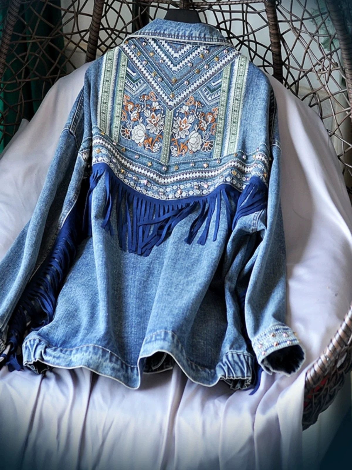 Other ✨ NEW Vintage-Style Studded Fringe Denim Jacket Size L / US 10 / IT 46 - 1 Thumbnail