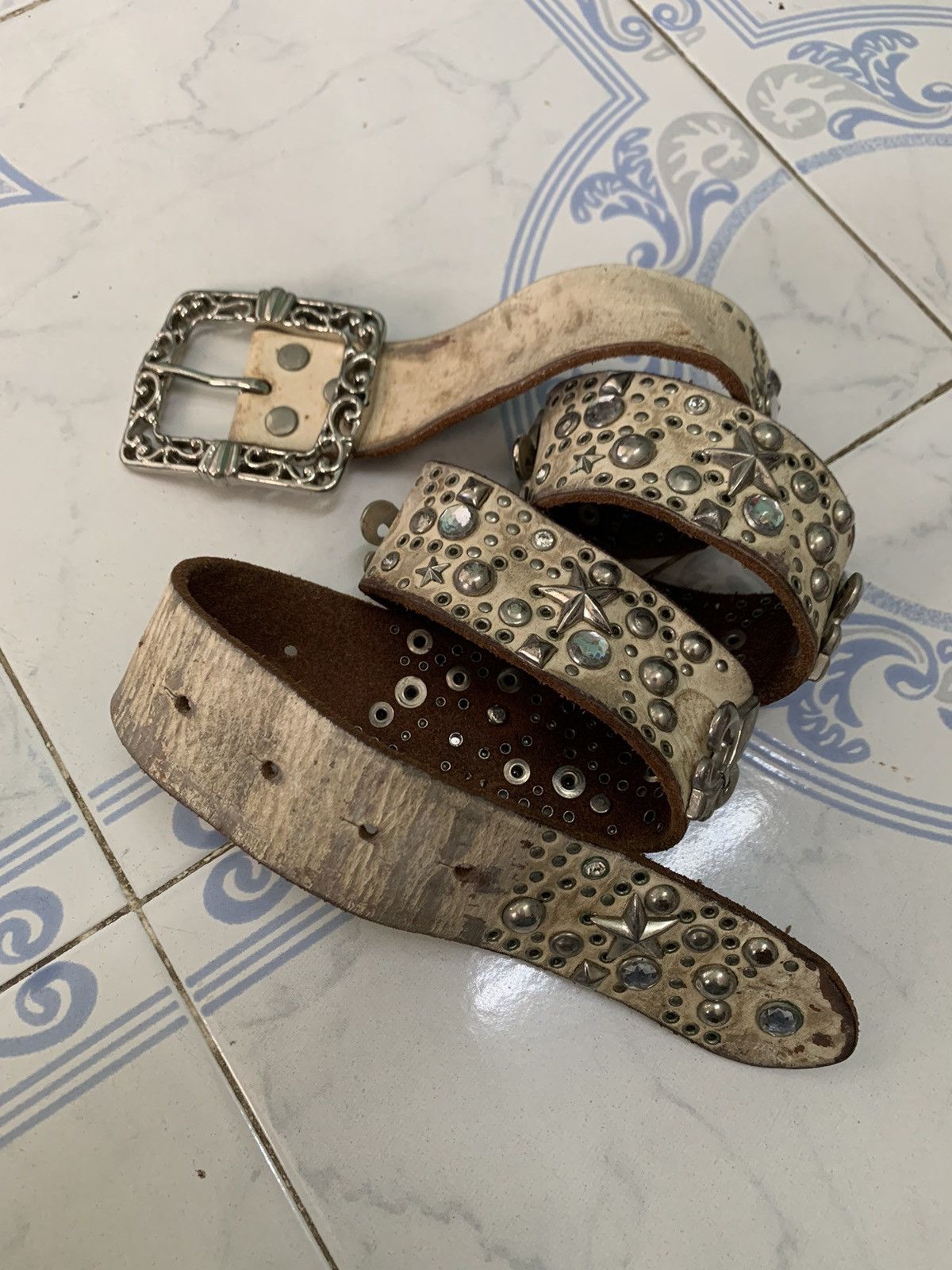 If Six Was Nine Vtg Rare Leather Belt Star Dagger Like Chrome Hearts Design Size ONE SIZE - 5 Thumbnail