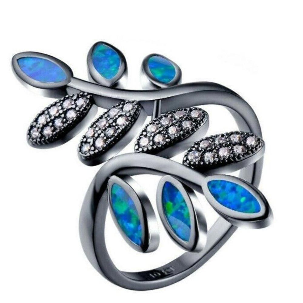 Designer 35mm Blue Opal & CZ Zircon Leaf Branch Ring - Size 7 Size ONE SIZE - 8 Thumbnail