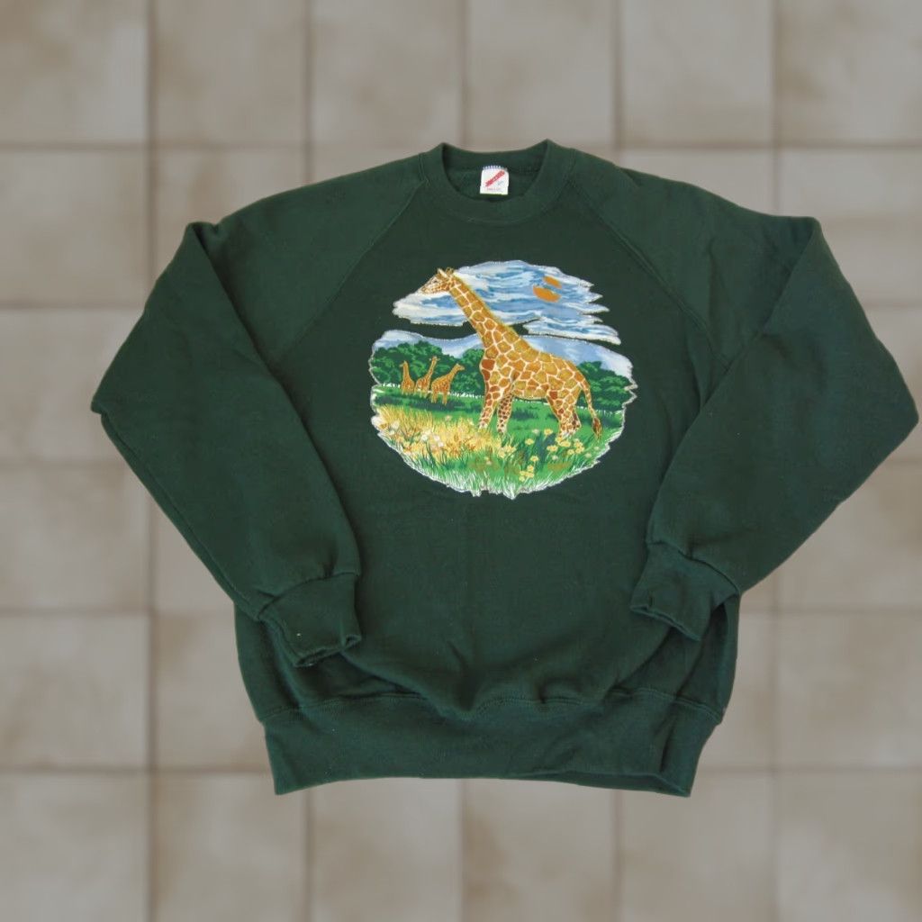 Jerzees VINTAGE Jerzees Sweatshirt Mens L Green Safari Crew Neck Pullover Cotton Polyester Fleece 90s USA Giraffe Size US L / EU 52-54 / 3 - 1 Thumbnail