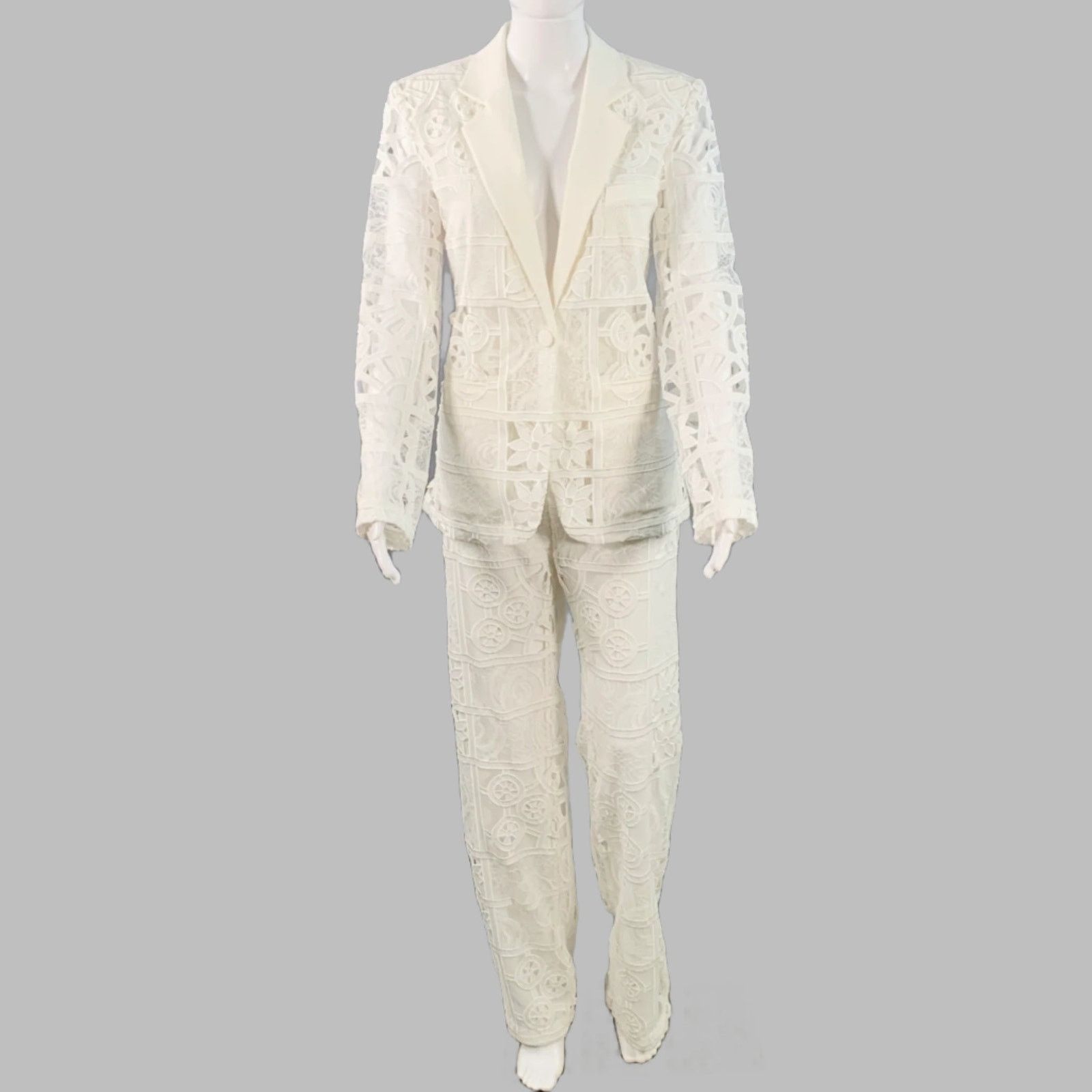 ALEXIS ALEXIS M Cream Polyester Cotton Lace Notch Lapel Pantsuit Size M / US 6-8 / IT 42-44 - 3 Thumbnail