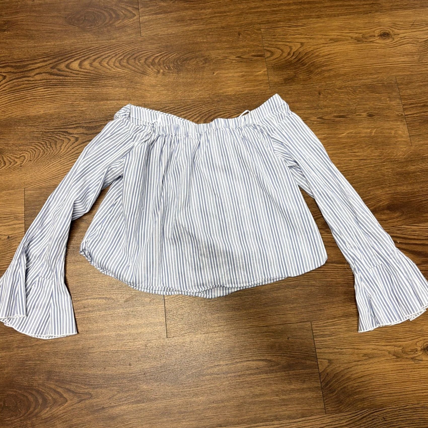 Free People Free People Shirt Womens S Blouse Bell Sleeve Blue White Stripe Cotton Blend Off the Shoulder Long Sleeve Size S / US 4 / IT 40 - 3 Thumbnail