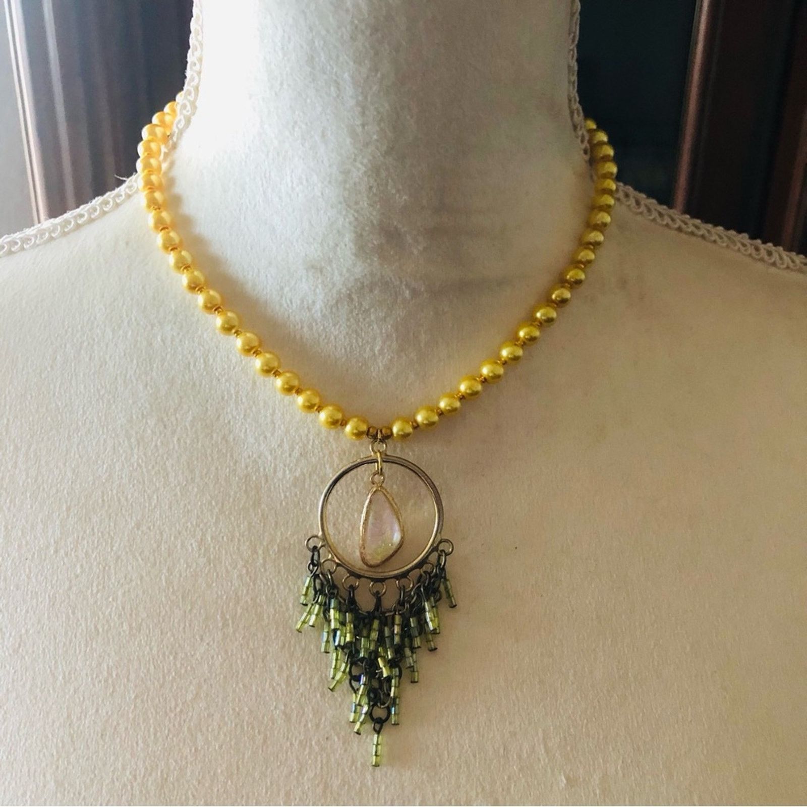 Handmade Handcrafted repurpose faux opal beaded fringe Pearl necklace Size ONE SIZE - 2 Thumbnail
