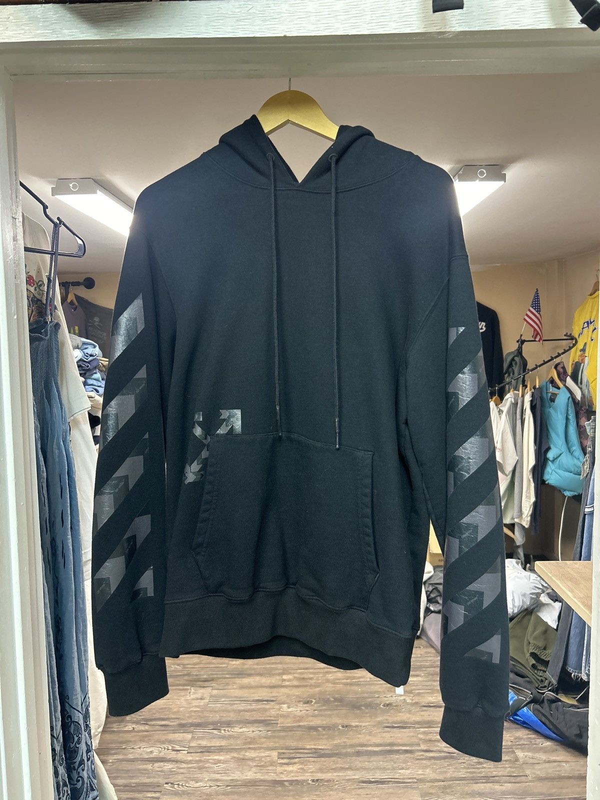 image of Off White Black And Grey Off-White Print Hoodie, Men's (Size Large)