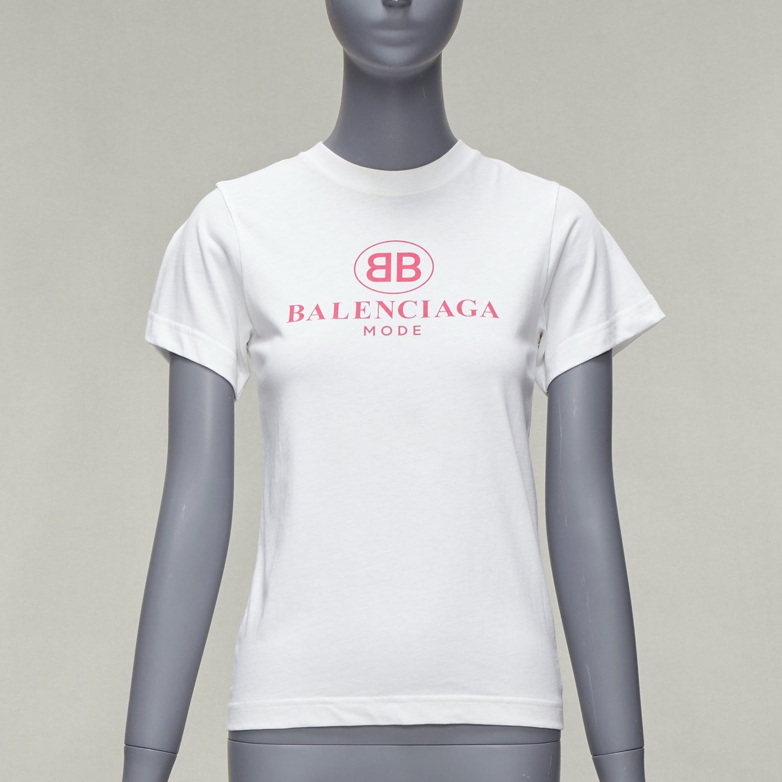 image of Balenciaga 2017 Mode Pink Logo Print Short Sleeve White Cotton Tshirt Xs, Women's (Size Small)