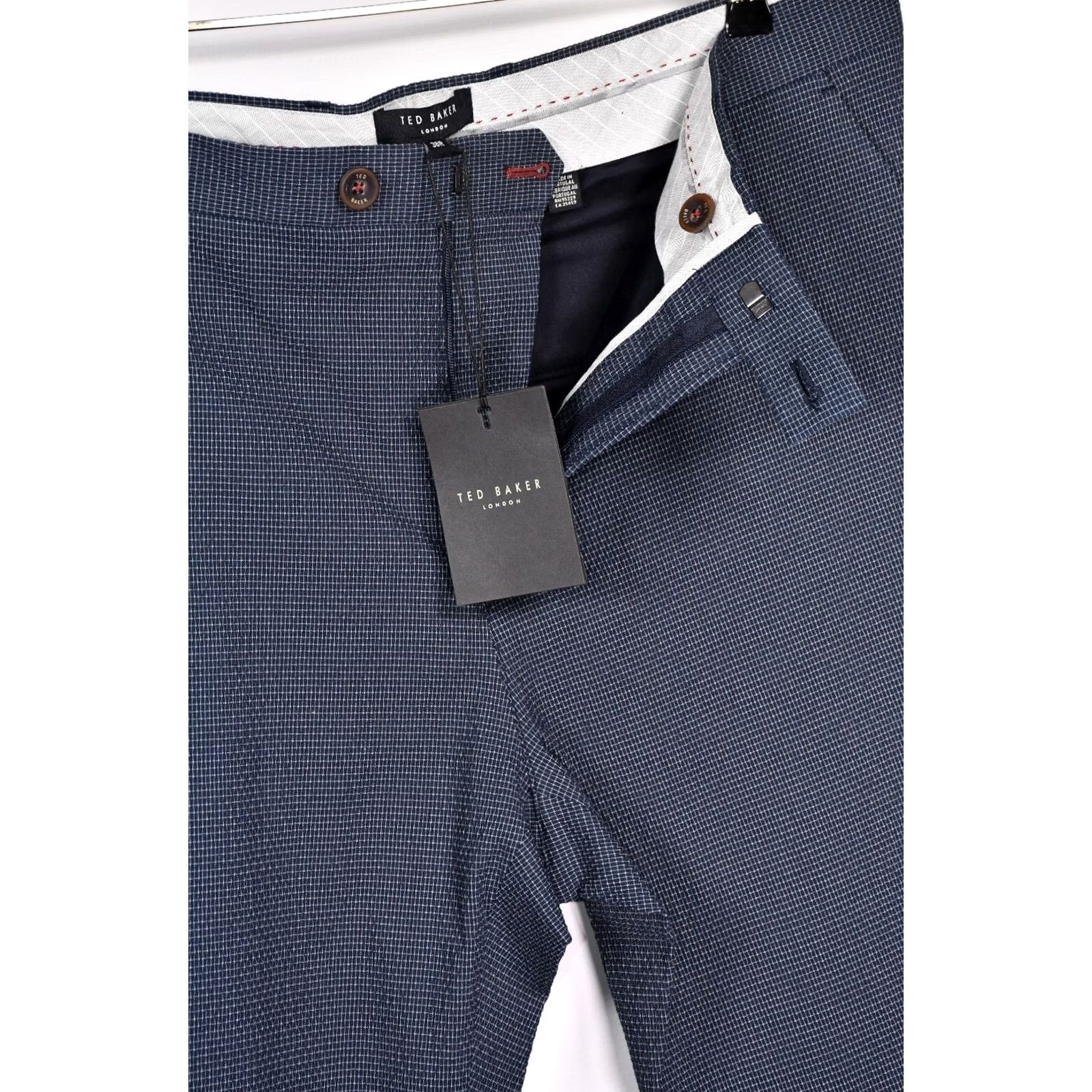 Ted Baker TED BAKER Pants Slim Men 38R Navy Blue 88% Cotton 11% Polyester 1% Elastane Flat Front Casual Formal Business Belted Size 38R Mens Size US 38 / EU 54 - 4 Thumbnail