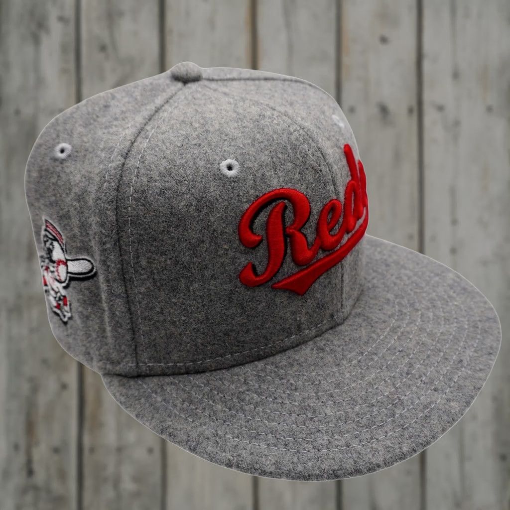 New Era New Era Cincinnati Reds Fitted Baseball Cap Mens 7 1/4 Gray Wool Script Mr Redlegs Patch Size ONE SIZE - 1 Thumbnail