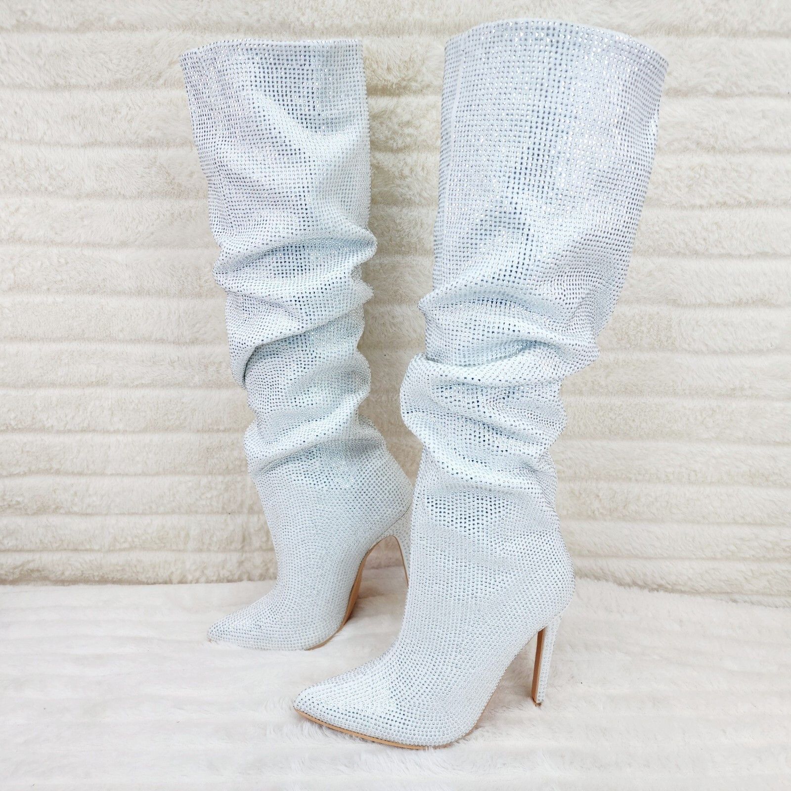 Radiant White Sparkling Rhinestone High Heel Stiletto Slouch