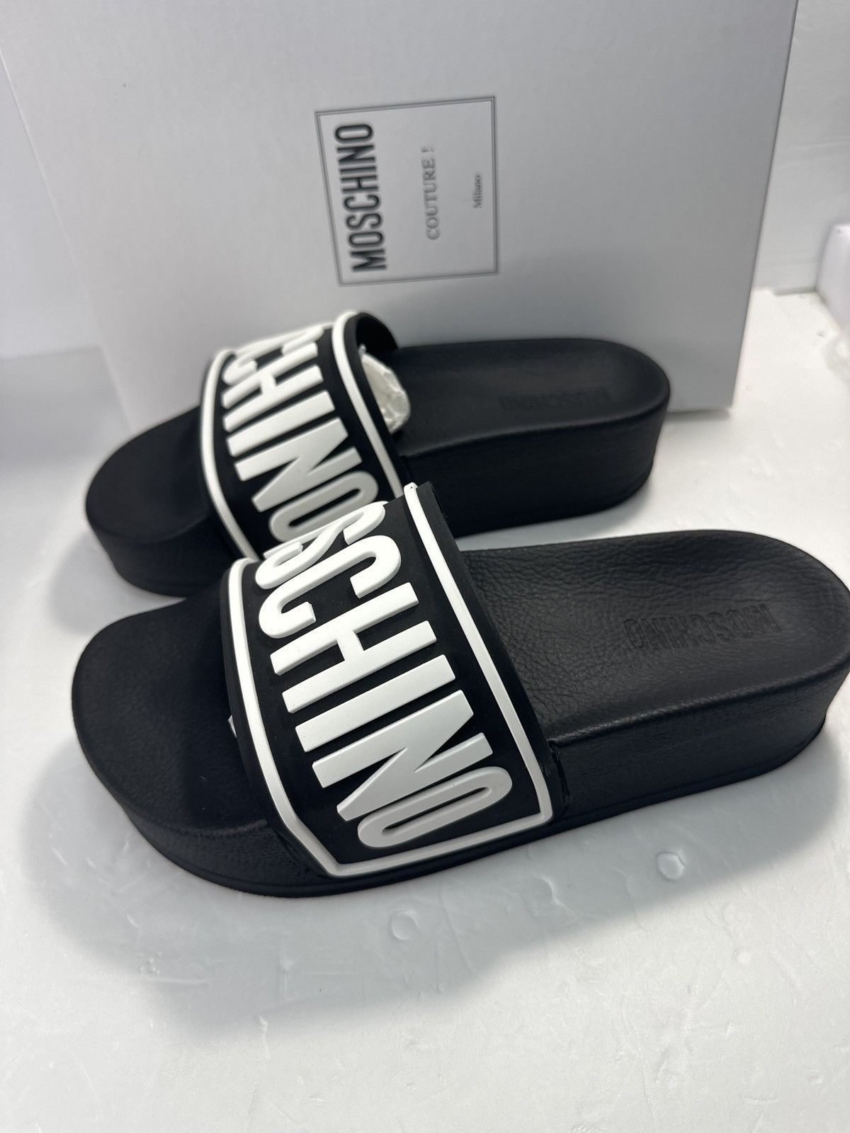 Moschino Logo Platform Slide Sandals Black Womens