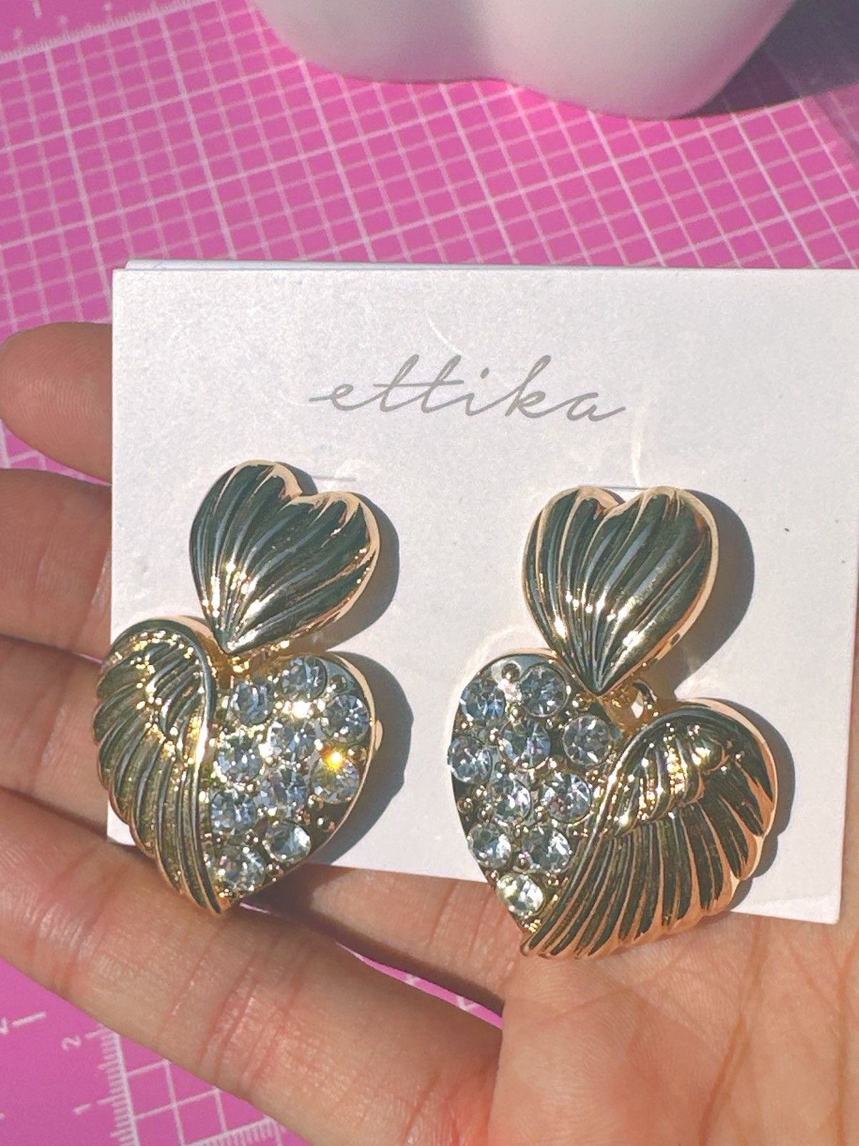 Designer Ettika earrings gold tone half wings half diamonds paved Size ONE SIZE - 3 Thumbnail