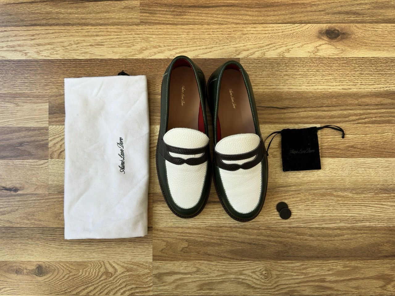 靴 Aime Leon Dore Penny Loafer Aimé Leon Dore // Green & Cream Leather Taverna Penny Loafer – VSP