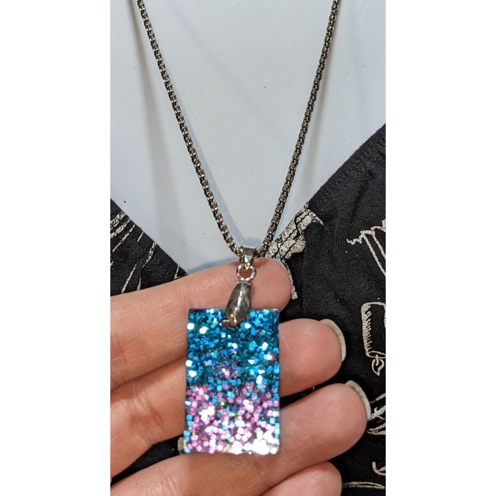 Handmade Whimsical Blue & Purple Glitter Pendant Necklace With Silver Size ONE SIZE - 3 Thumbnail