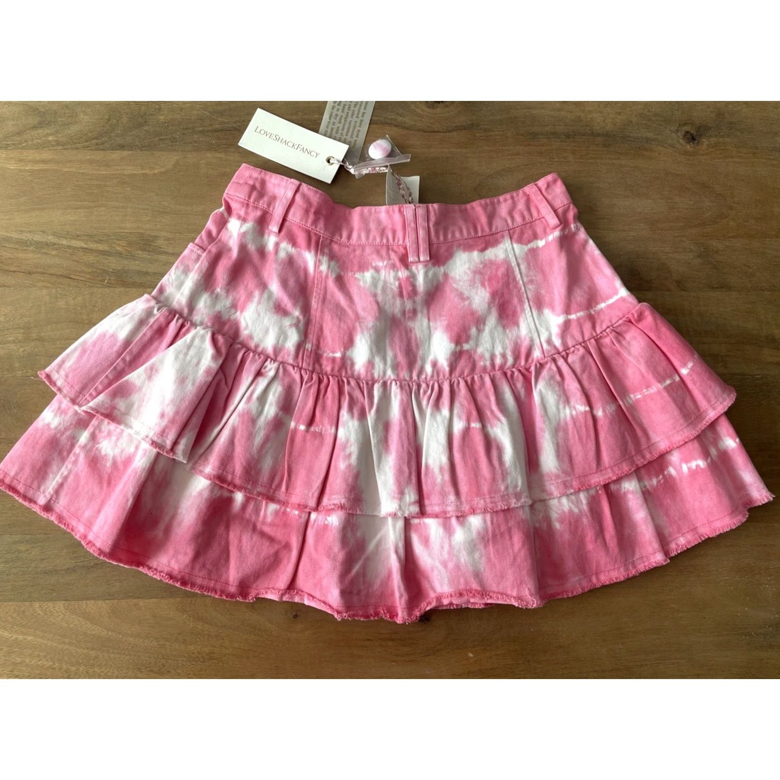 LoveShackFancy LoveShackFancy Mini Skirt Women Size 4 Pink Denim Cotton Tie Dye Ruffle Short Stitch Skirt Cottage Coquette Spring Summer 4 Womens Size 27" / US 4 / IT 40 - 2 Thumbnail