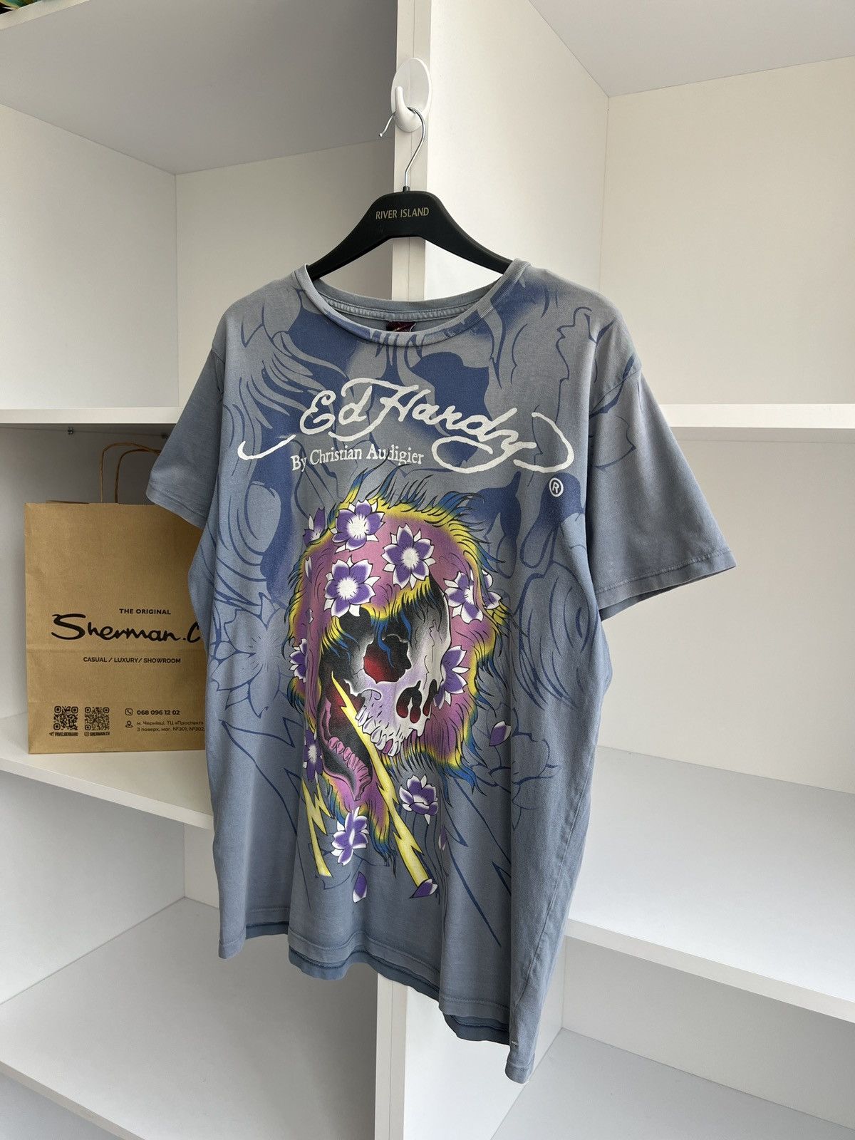 Ed Hardy × Vintage Vintage Ed Hardy Men Blue Lightning Skull Shirt Size US M / EU 48-50 / 2 - 5 Thumbnail