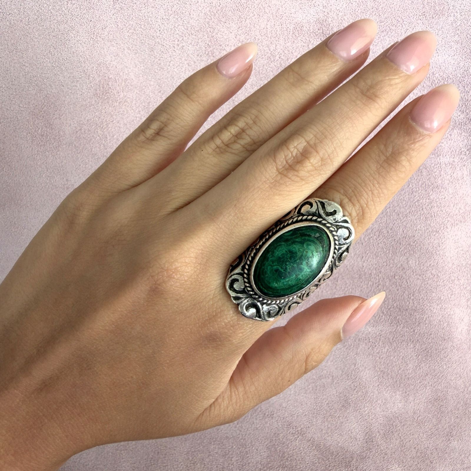 Mexicana mexico sterling silver vintage malachite scroll ring size 6 Size ONE SIZE - 2 Thumbnail