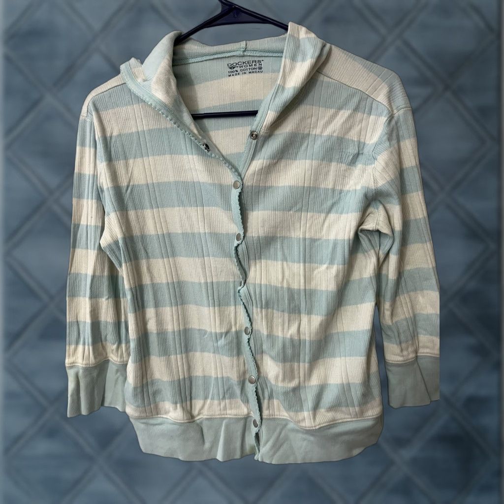 Dockers Dockers Cardigan One Long Sleeve Blue & White Striped Button Down Hoodie Medium Women Size M / US 6-8 / IT 42-44 - 1 Thumbnail