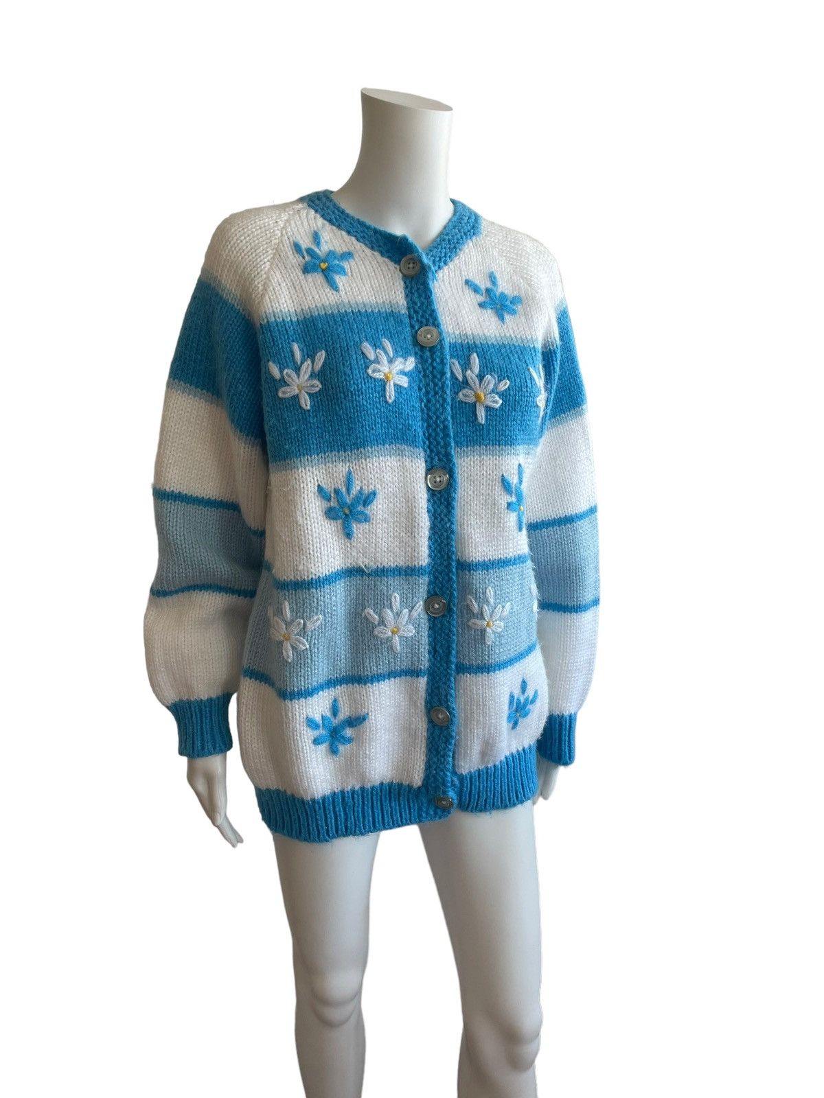 Vintage Vintage 70s / 80s Oversize Knitted Cardigan Blue White Size L / US 10 / IT 46 - 3 Thumbnail