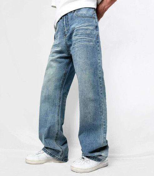 Jean Men's straight washed blue distressed casual vintage jeans Size US 32 / EU 48 - 1 Thumbnail