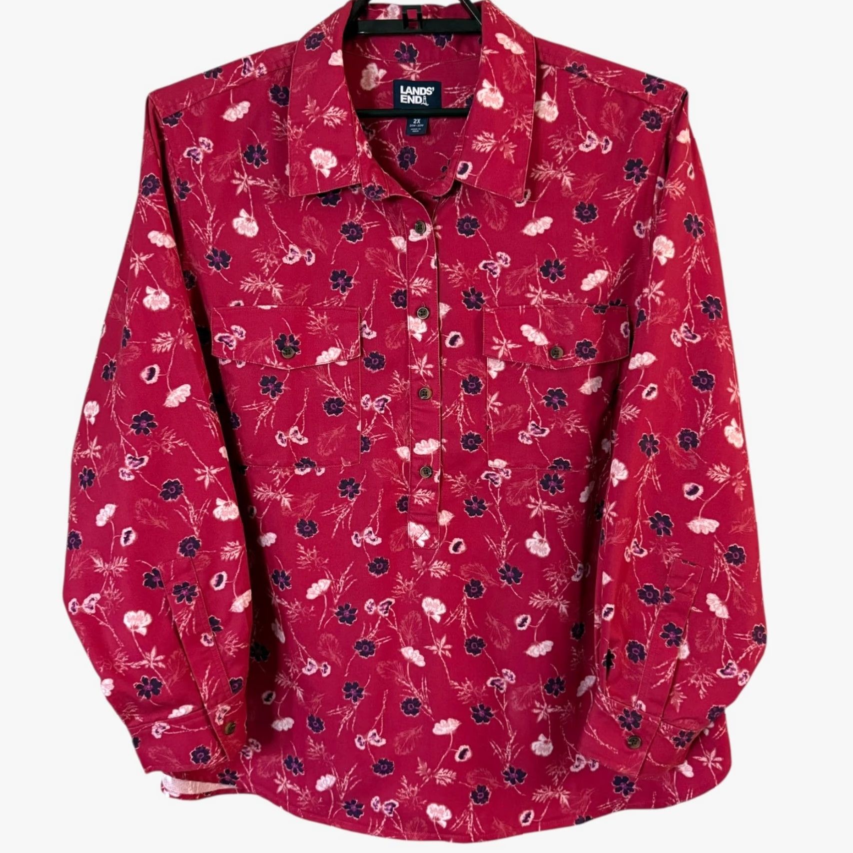 Lands' End Lands' End Tunic Shirt Red Women's 2X Sketch Floral Half-Button Popover Top Button-Up Shirt Women Plus Size Colorful Floral Classic Preppy All Seasons Size XXL / US 16-18 / IT 52-54 - 2 Thumbnail