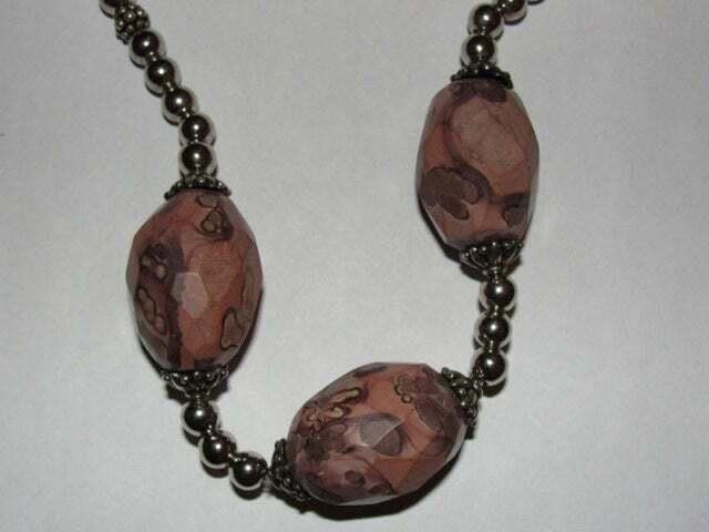 Designer Silver Beaded Necklace & Large Faceted Leopardskin Jasper Size ONE SIZE - 3 Thumbnail