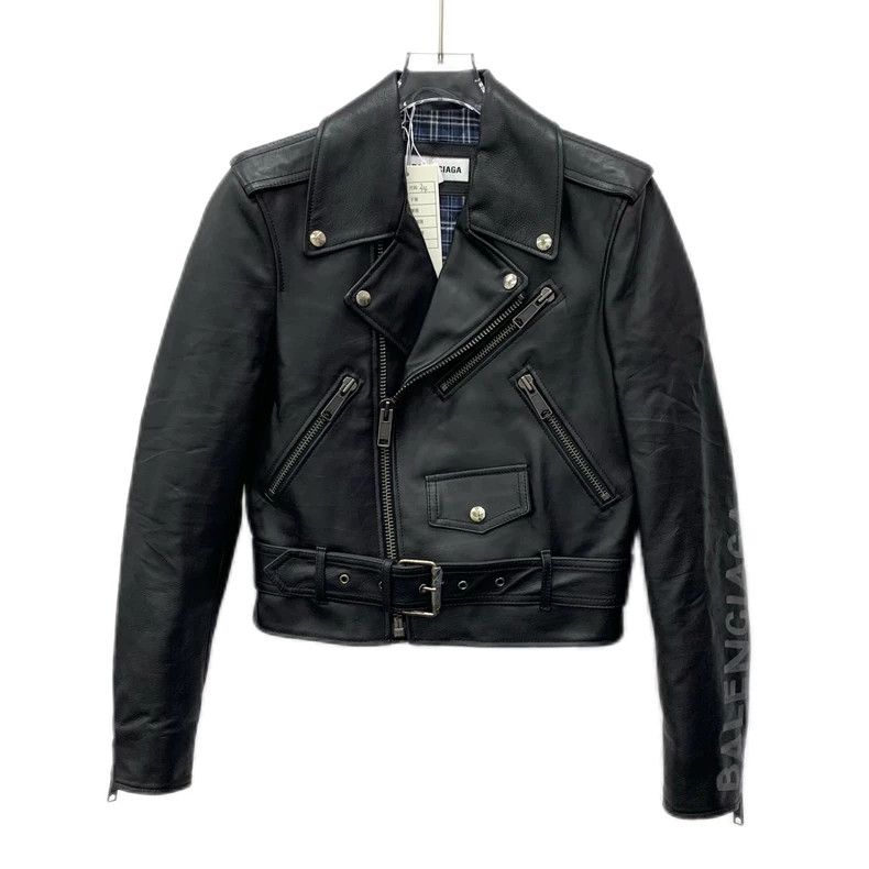 Balenciaga size 34 Black Cow Leather Lapel Zip Long Sleeve
