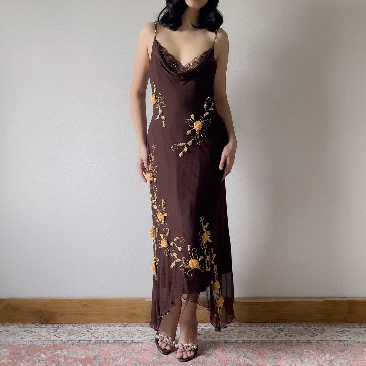 Other Vintage 1990s Silk Chiffon Brown Evening Gown (S–M) Size M / US 6-8 / IT 42-44 - 5 Thumbnail