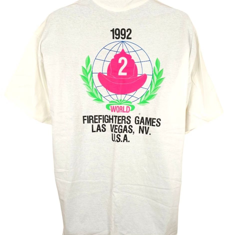 Vintage VINTAGE All Sport T Shirt Mens 2XL White 90s 1992 Vegas Made In USA Firefighter Games Graphic Tee Short Sleeve Crew Neck Size US XXL / EU 58 / 5 - 4 Thumbnail