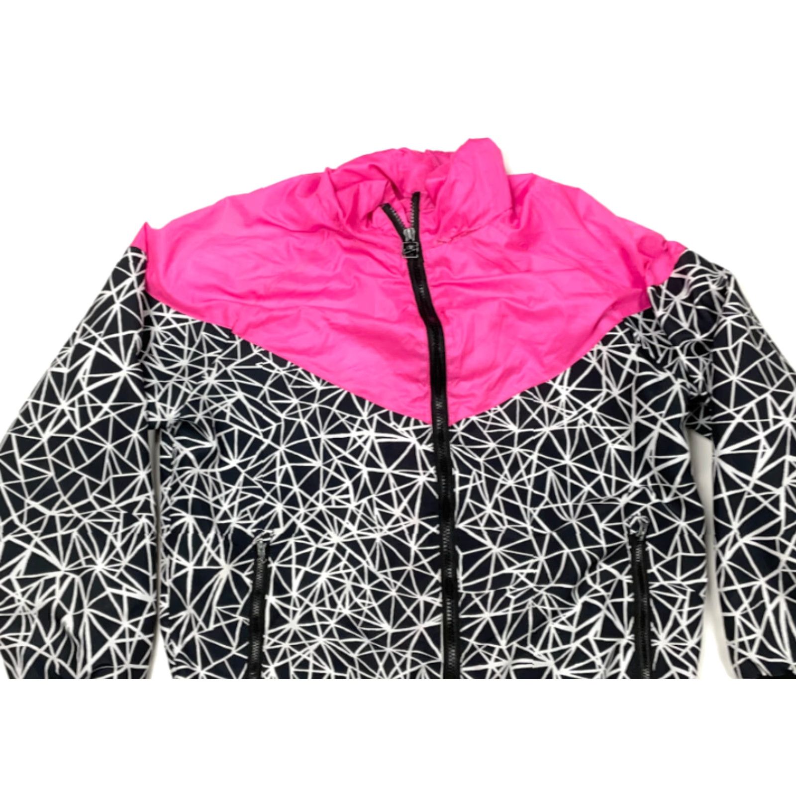 Pinko VINTAGE Abstract Pink Black Geometric Print Full-Zip Hooded Windbreaker Jacket 90s L-XL Size L / US 10 / IT 46 - 2 Thumbnail