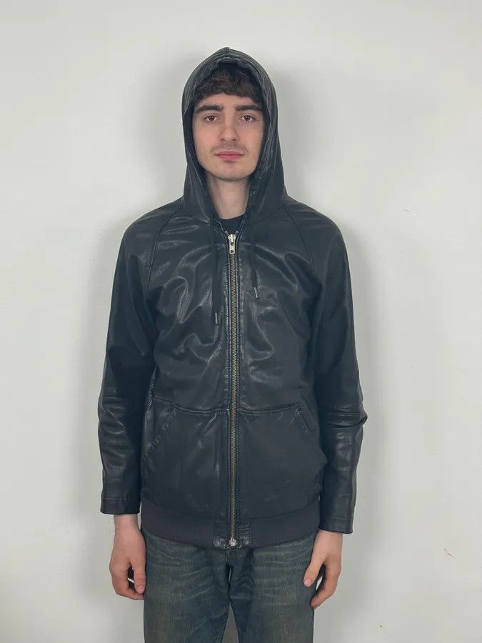 Diesel 2000s Diesel Black Leather Hood Zip-Up Jacket Size US M / EU 48-50 / 2 - 3 Thumbnail