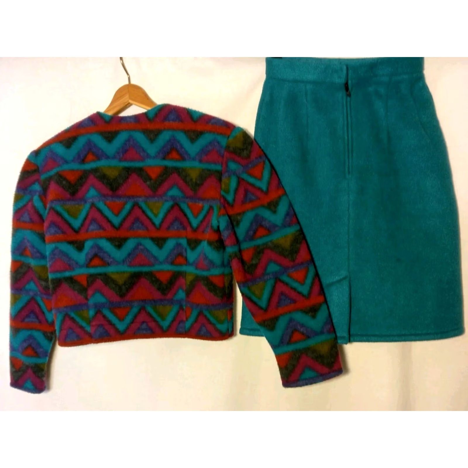 Altea Vintage 1990s Skirt Suit Jacket Small Teal Maroon Geometric Retro Gorpcore 2 Pc Size 26" / US 2 / IT 38 - 3 Thumbnail