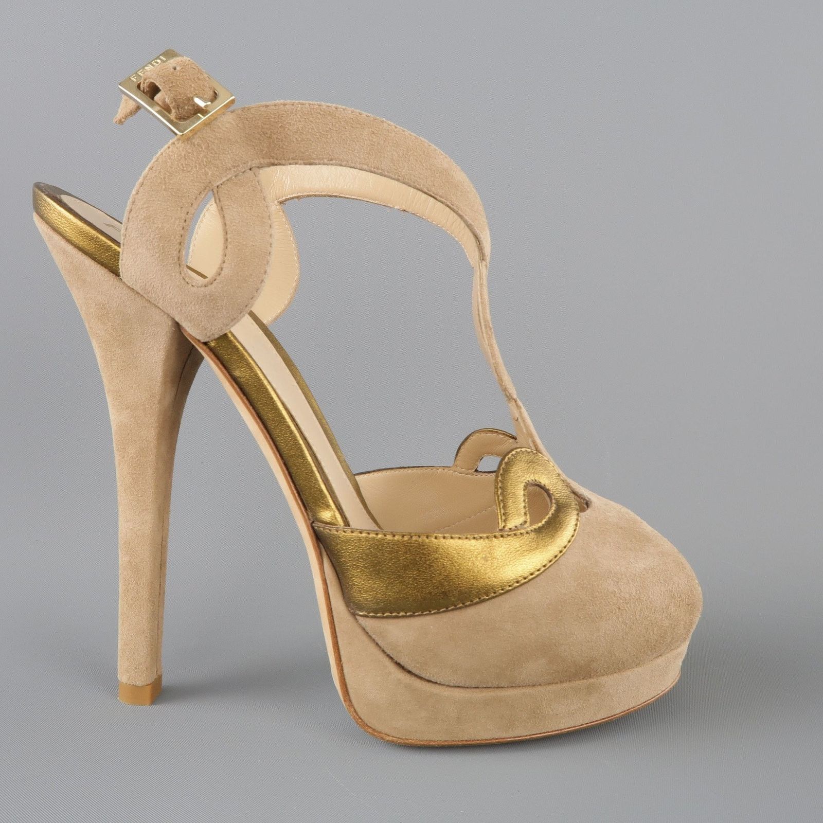 Fendi Size 9 Taupe Suede Metallic Gold Leather Peep Toe Platform Size US 9 / IT 39 - 7 Thumbnail