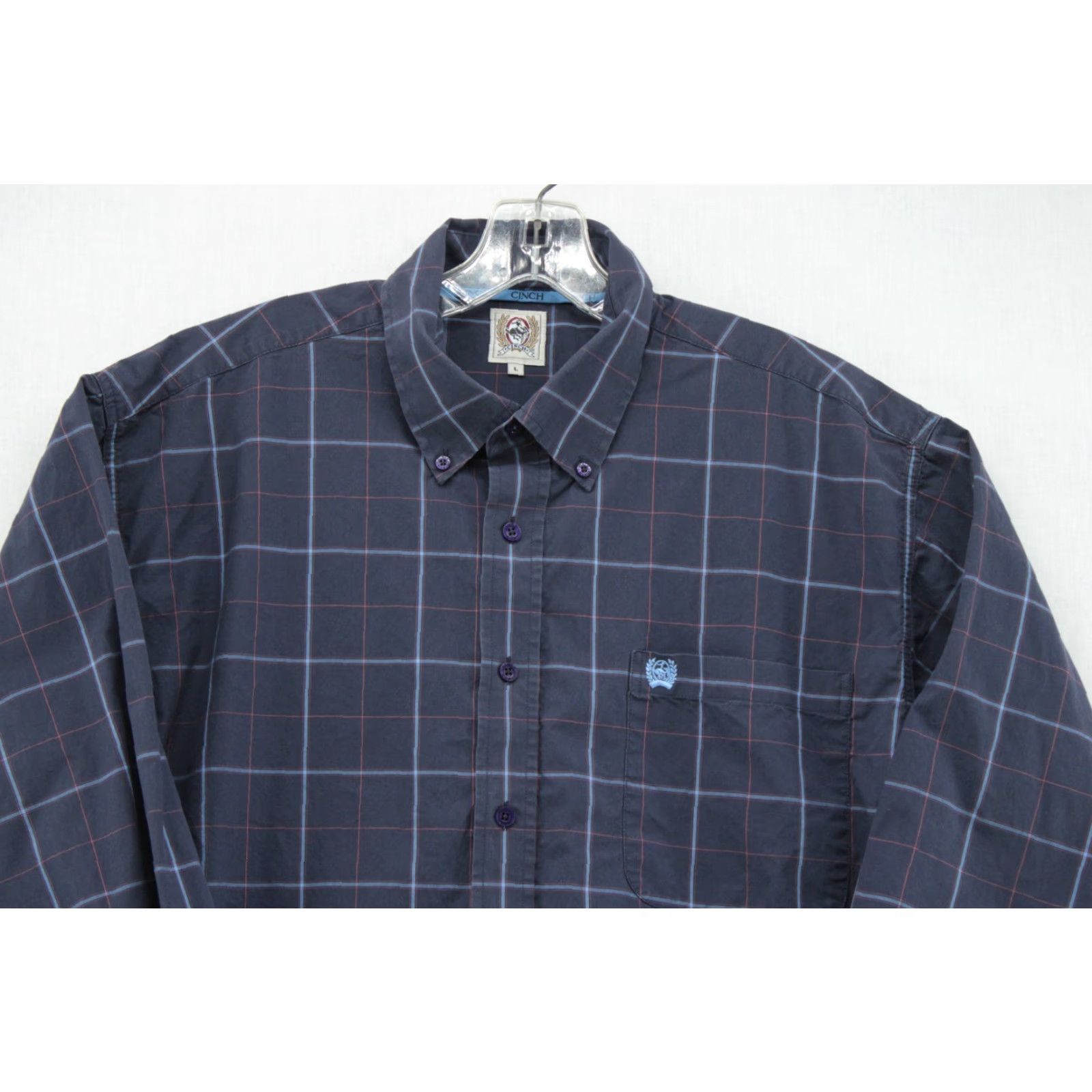 Vintage Cinch Shirt Button-Down Men’s Large Blue Plaid Long Sleeve Logo Pocket Cotton Shirt Size US L / EU 52-54 / 3 - 2 Thumbnail