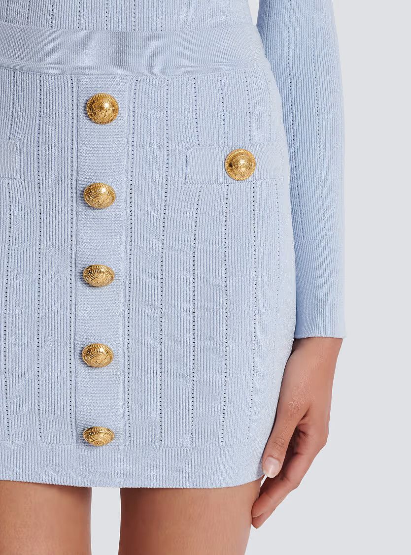 Balmain o1s1wg111225 Knit Skirt With Buttons in Light Blue Size 26" / US 2 / IT 38 - 6 Thumbnail