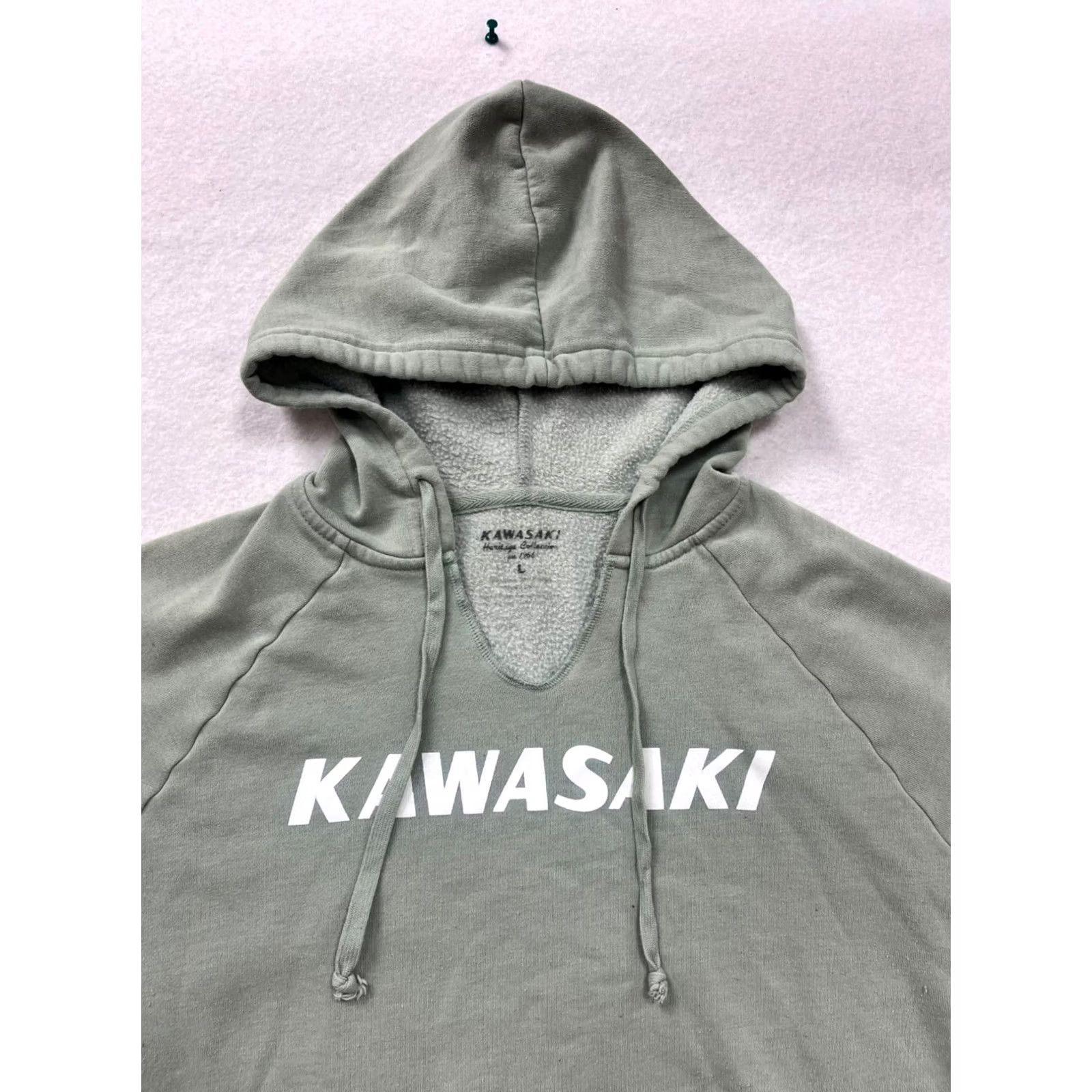 Vintage Kawasaki Womens Sage Green Hoodie Sweatshirt Large Sage Green Womens Hoodie Pullover Raglan Front Kangaroo Pocket Activewear 1966 Heritage Like New Size L / US 10 / IT 46 - 4 Thumbnail