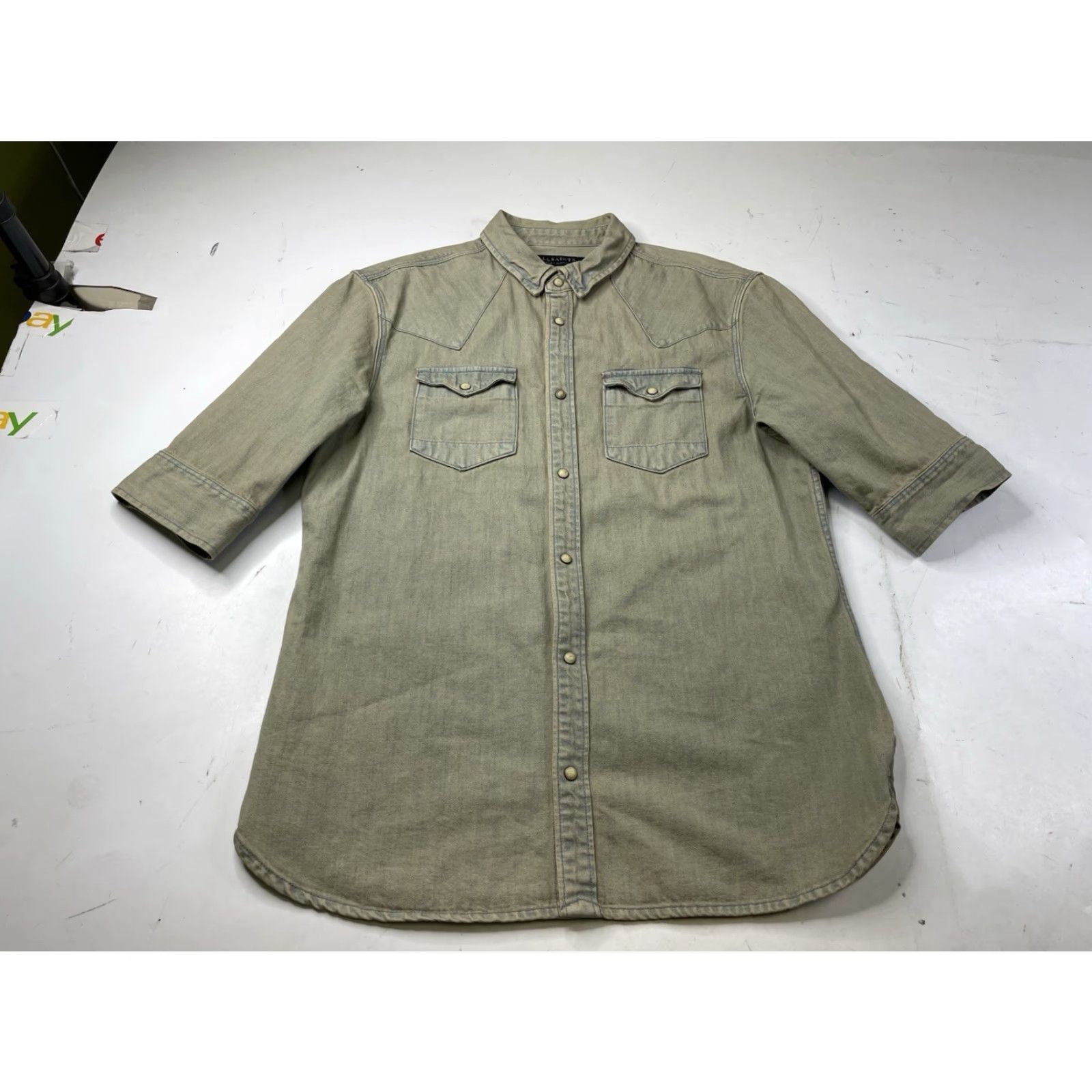 Allsaints AllSaints Cannon HS Shirt Pearl Snap Denim Washed Cotton Mens Large Denim Button-Up Short Sleeve Cotton Shirt Mens L Regular Collar Button-Down Mens Size US L / EU 52-54 / 3 - 2 Thumbnail
