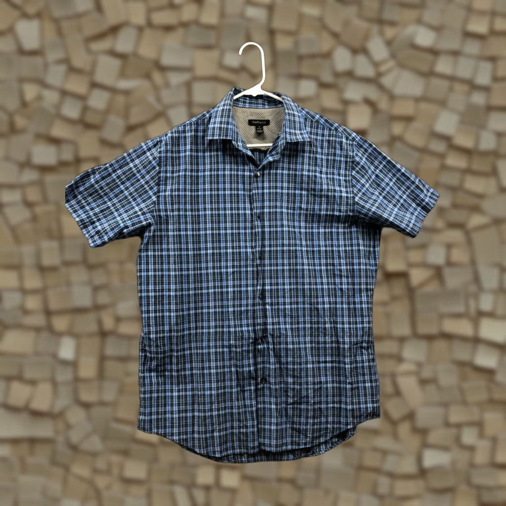 Van Heusen Van Heusen Shirt Mens Blue Plaid Short Sleeve Button-Up Create Collared Spread Size M Regular Fit Classic Modern Outdoor Vintage No Size US M / EU 48-50 / 2 - 1 Thumbnail