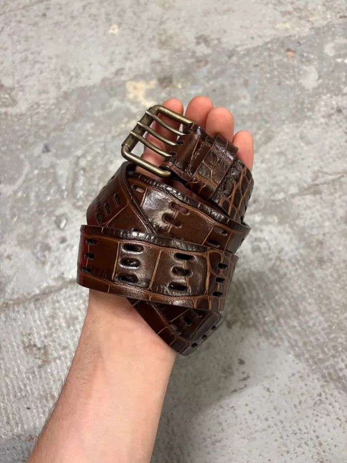Saint Laurent Paris × Vintage Saint Laurent Crocodile Effect Brown Leather Belt Size ONE SIZE - 2 Thumbnail