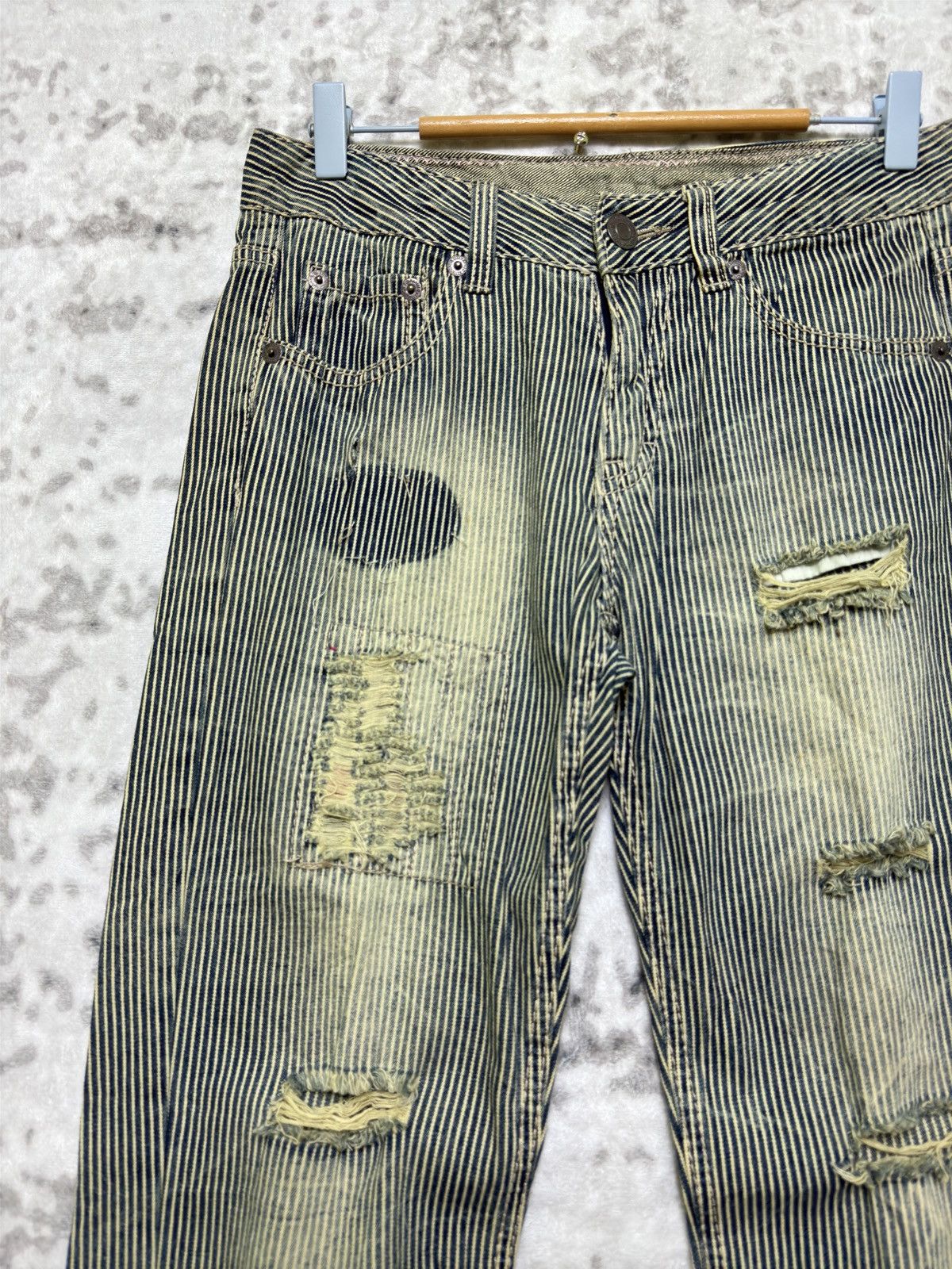 Vintage Japanese Archive Hickory Stripe Distressed Denim Size US 28 / EU 44 - 4 Thumbnail