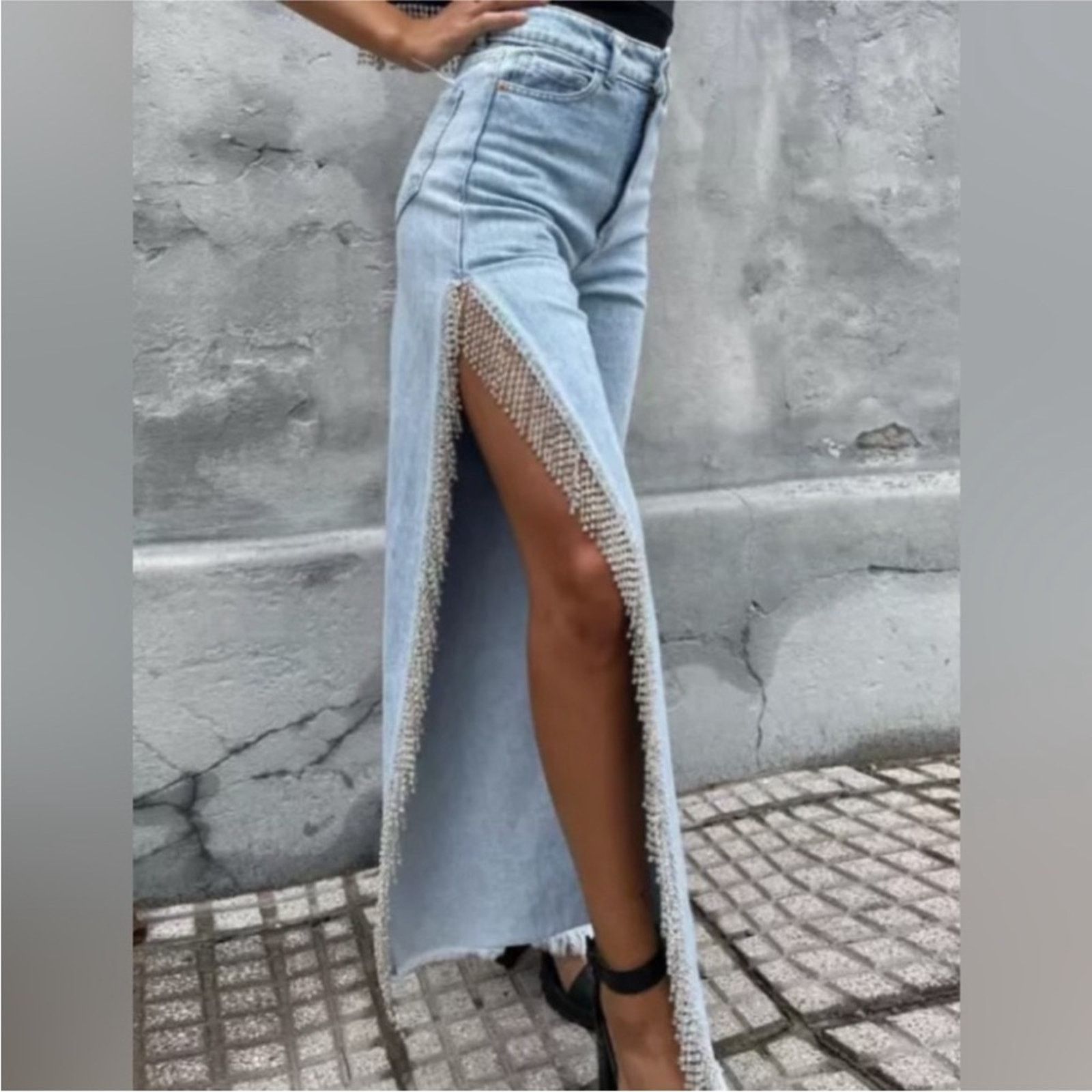 Other NEW Light Stretch Denim Crystal Fringe Tassel Split Leg Jean Size 28" / US 6 / IT 42 - 3 Thumbnail